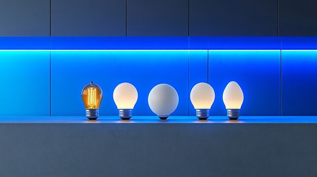 Illuminating Brilliance: A contemporary array of modern light bulbs showcase innovation and design against an ultramarine backdrop, each emitting a warm, inviting glow. 