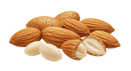 Pile of almonds isolated on transparent background, nutritious nuts with shells and peeled kernels for healthy snack and vegetarian diet