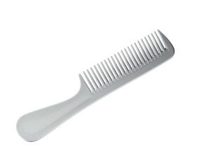 A simple white comb with a handle, shown diagonally against a black background