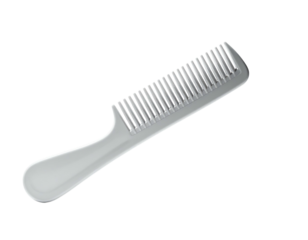A simple white comb with a handle, shown diagonally against a black background