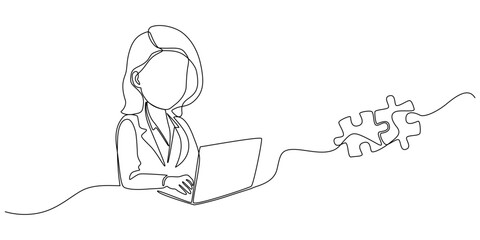 Woman with laptop computer and puzzle in one continuous line drawing.Symbol of Search for solution. Missing part and dating concept eps 10