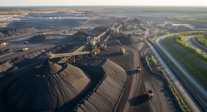 Aerial view of a large open-pit coal mine with heavy machinery and vast stockpiles of raw material under a clear sky.