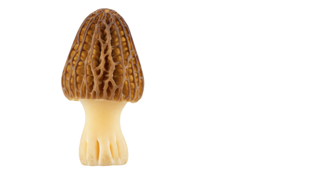Edible morel mushroom isolated PNG, delicious spring delicacy with honeycomb texture for gourmet cooking and culinary arts