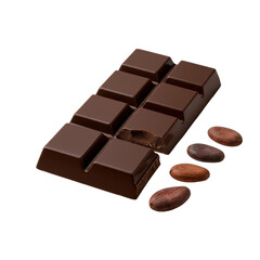 Fototapeta premium A premium dark chocolate bar with a cleanly broken segment and scattered cocoa beans, on a transparent studio background with high-key lighting, in professional commercial photography. Concept of