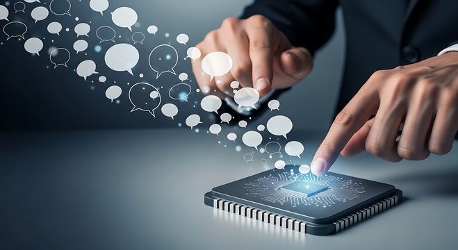 Businessman Interacting with AI Chatbot Technology. Concept of Natural Language Processing, Customer Service Automation, and Data Flow from a Glowing CPU Processor.