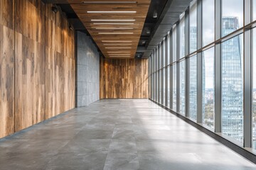 modern office interior with panoramic windows and wooden paneling on the walls, concrete floor.