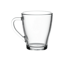Clear, empty glass mug with a handle, isolated against a black background