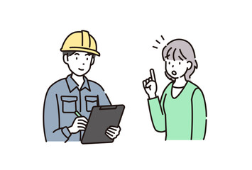 作業員の男性と相談する女性