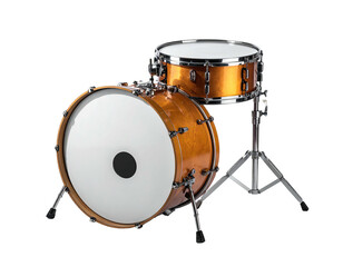 A sparkling gold-colored drum kit with two drums and stands against a dark background