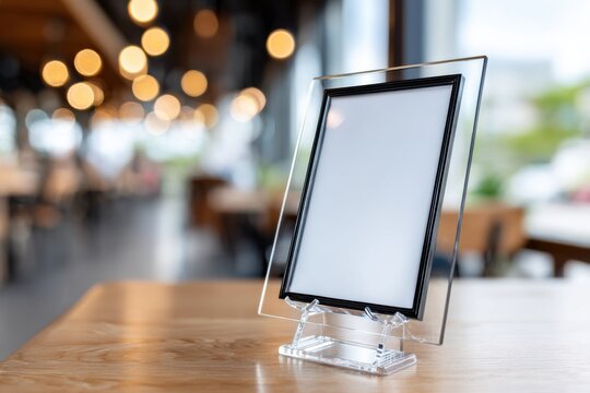 blank acrylic menu or label frame mockup on a wooden restaurant table with blurred background fresh and welcoming ambiance