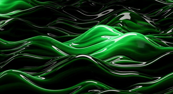 Illustration of abstract flowing green liquid surface with waves and reflections, dark background