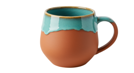 Rustic terracotta mug with turquoise glaze isolated on white, handmade ceramic coffee cup for hot beverages and cozy mornings