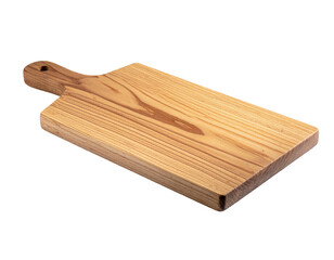 Wooden cutting board with handle, showing wood grain, isolated on black