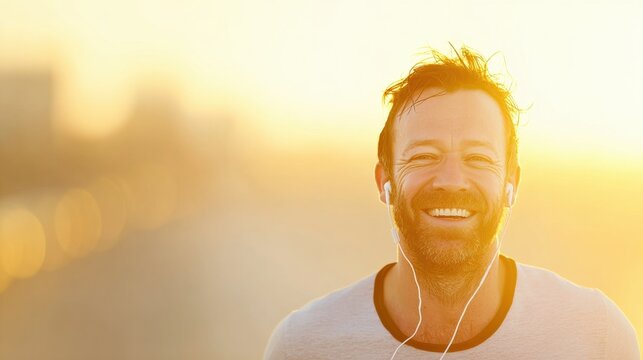 Man enjoying a morning jog with earphones on a sunlit path
