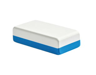 Rectangular, two-toned cleaning tool; white top and blue bottom against a black background