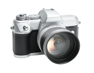 Silver and black vintage film camera, detailed view, lens prominent, against black