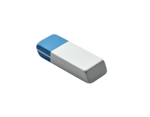A close-up, slightly angled shot of a white and blue rectangular rubber
