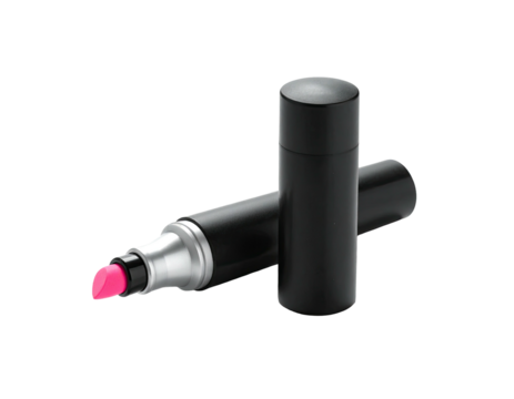 Two black markers; one with a bright pink tip and cap, the other capped