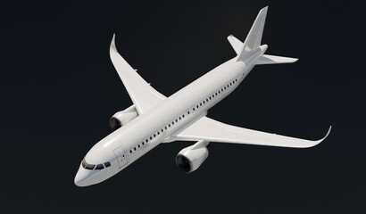 White passenger airplane isolated on a dark background, ready for takeoff or landing.