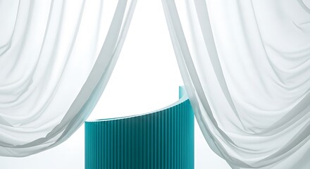 Illustration of sheer white curtains framing a curved teal structure