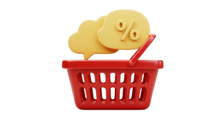 Red shopping basket with yellow percentage sign isolated PNG, retail discount offer for online store and e-commerce promotion