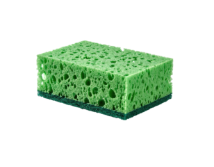 Green and navy rectangular cleaning sponge on a black background