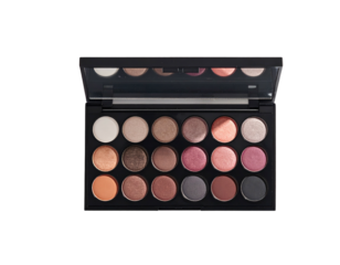 An open rectangular palette with various eye shadows and a built-in mirror