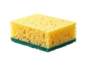 A rectangular cleaning tool with a yellow porous side and a green abrasive base