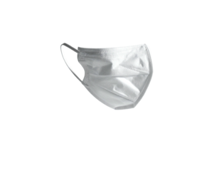 A white, pleated, disposable face covering sits against a stark black background
