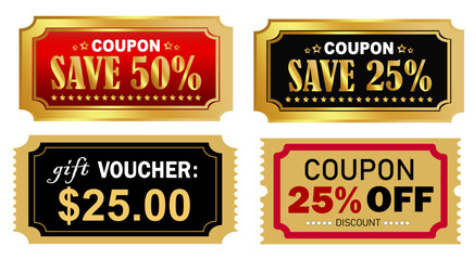 Golden Coupon and Gift Voucher Set &ndash; Luxury Discount Ticket, Promo Coupon, and Special Offer Voucher Design Collection