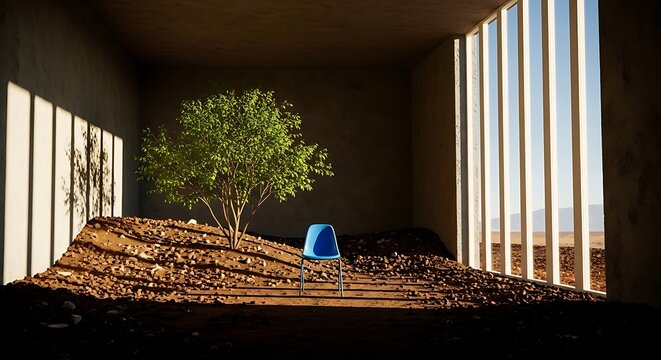 Illustration of lone tree in a confined space with a blue bucket