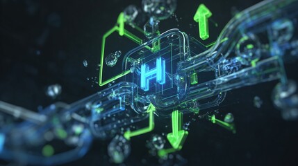 Fototapeta premium Scientific illustration of ammonia-cracking process converting NH3 into hydrogen and nitrogen, clean energy cycle, futuristic 3D molecular diagram, glowing arrows showing chemical reaction