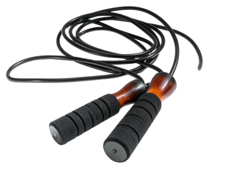 A black jump rope with wooden handles and foam grips, on a black background