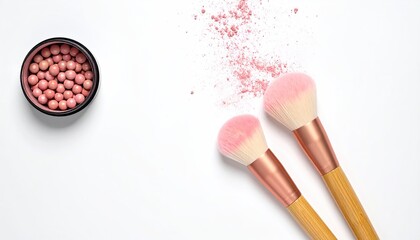 Blush pearls, brushes, and powder on clean white background