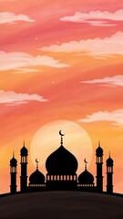Silhouette of a grand mosque with multiple domes and minarets against a vibrant orange and pink sunset sky