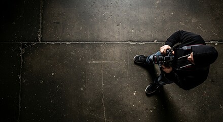 Overhead View of Photographer Holding Camera on Dark Ground