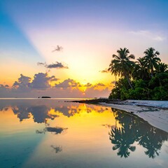 Palm trees reflect in calm, golden ocean sunset view