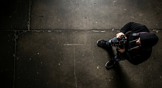 Overhead View of Photographer Holding Camera on Dark Ground