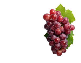 Fototapeta premium A cluster of plump, red-purple grapes with green leaves on a black background
