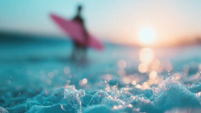 Surfer preparing to ride waves at sunset on a beach