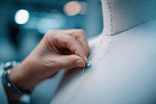 close-up of a seamstress carefully pinning fabric on a mannequin stitching and preparing clothing in a fashion workspace