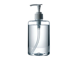 Clear liquid soap dispenser with a pump, transparent bottle on a black background
