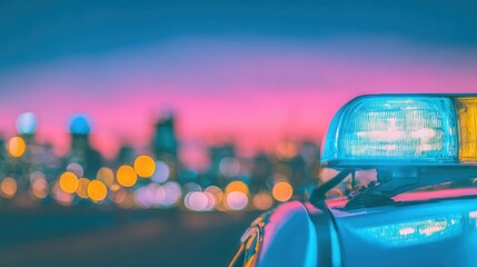 Police car light shines brightly against a colorful sunset in the city