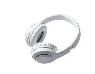 A white, over-ear headphone, angled and isolated against a black background