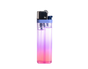 Close-up of a clear, plastic lighter with a colorful pink-to-purple gradient