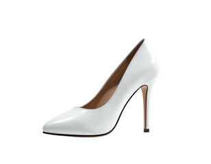 Elegant, glossy, white pump, stiletto heel, set against a stark black background