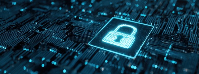 digital padlock icon on a blue digital circuit board background, representing the concept of data security protection and cyber security technology.