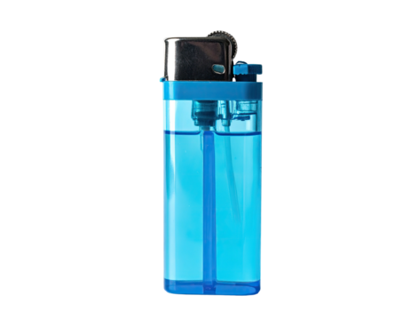 A transparent blue plastic lighter, against a black background, upright