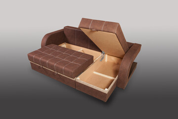 Isolated sofa bed with fabric upholstery on grey gradient background.