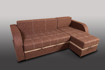 Isolated sofa bed with fabric upholstery on grey gradient background.